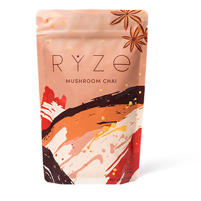 RYZE Mushroom Chai product package with orange and burgundy design